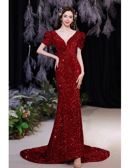 Formal Red Sequins Bling Mermaid Prom Dress Vneck with Sweep Train