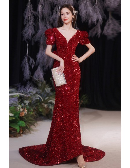Formal Red Sequins Bling Mermaid Prom Dress Vneck with Sweep Train