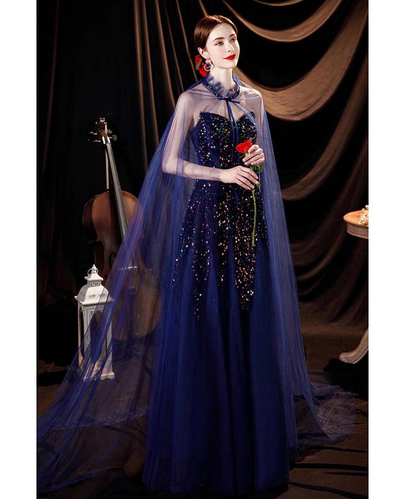 Rhinestone Sky Blue Velvet Long Train Mermaid Prom Dress with Cape