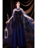 Blue Formal Stunning Prom Dress Sequined with Long Tulle Cape