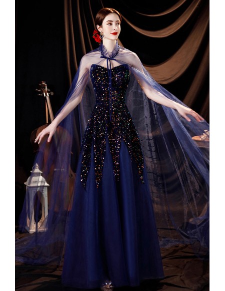 Blue Formal Stunning Prom Dress Sequined with Long Tulle Cape