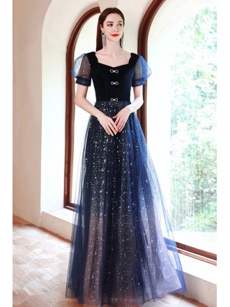 Modest Navy Blue Aline Party Occasion Dress with Bling Sequins Sleeves
