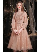 Champagne Gold Bling Tulle Tea Length Party Dress with Lantern Sleeves