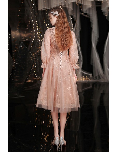 Champagne Gold Bling Tulle Tea Length Party Dress with Lantern Sleeves