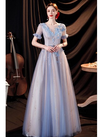 Fantasy Blue Tulle Aline Prom Dress Long with Appliques Short Sleeves