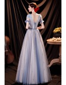 Fantasy Blue Tulle Aline Prom Dress Long with Appliques Short Sleeves