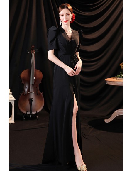Simple Long Black Vneck Formal Dress with Split Front Bubble Sleeves