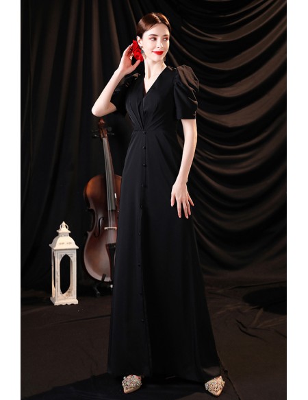 Simple Long Black Vneck Formal Dress with Split Front Bubble Sleeves