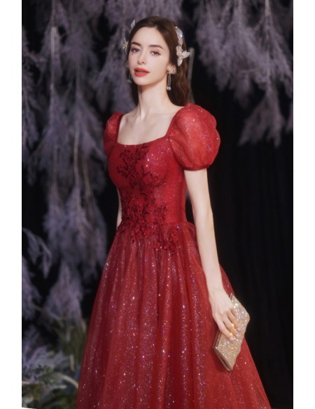 Red Square Neckline Aline Prom Dress Bling Tulle with Bubble Sleeves