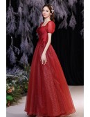 Red Square Neckline Aline Prom Dress Bling Tulle with Bubble Sleeves