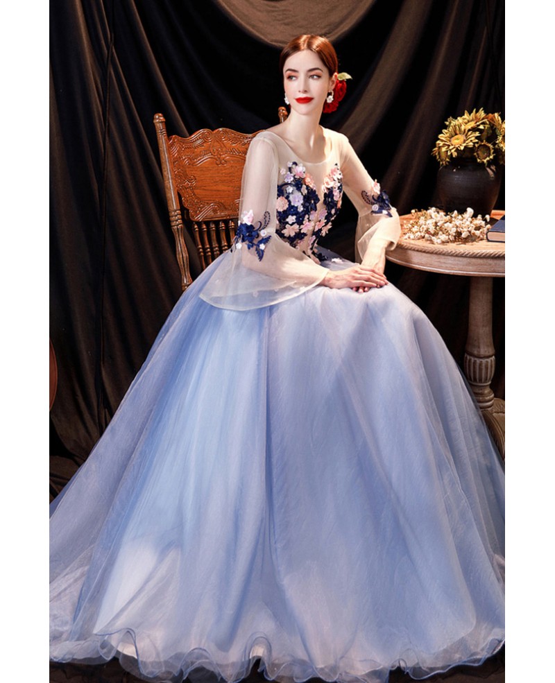 Pretty Flowers Blue Tulle Prom Dress with Lantern Long Sleeves ...