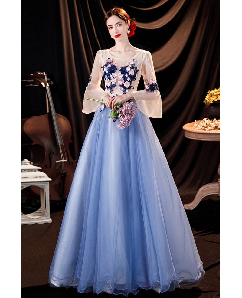 Pretty Flowers Blue Tulle Prom Dress with Lantern Long Sleeves ...