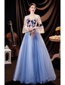 Pretty Flowers Blue Tulle Prom Dress with Lantern Long Sleeves