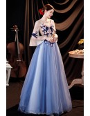 Pretty Flowers Blue Tulle Prom Dress with Lantern Long Sleeves