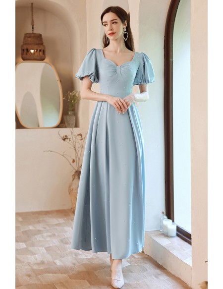 Simple Blue Modest Long Prom Dress Aline with Beadings