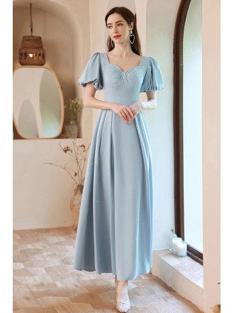 Simple Blue Modest Long Prom Dress Aline with Beadings