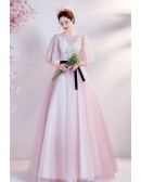 Pink Beaded Tulle Cute Ballgown Prom Dress with Puffy Sleeves