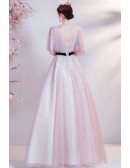 Pink Beaded Tulle Cute Ballgown Prom Dress with Puffy Sleeves