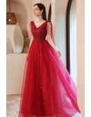 Fancy Beaded Vneck Aline Tulle Prom Dress with Cape Sequins