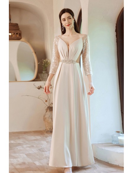 Sexy Apricot Vneck Cutout Slim Long Prom Dress with with Sequined 3/4 Sleeves