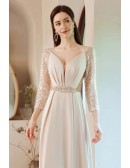 Sexy Apricot Vneck Cutout Slim Long Prom Dress with with Sequined 3/4 Sleeves