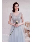 Grey Bling Vneck Flowy Tulle Aline Prom Dress with Sequins