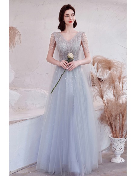 Grey Bling Vneck Flowy Tulle Aline Prom Dress with Sequins
