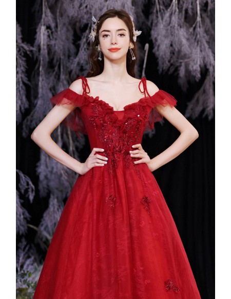 Red Lace Tulle Ballgown Prom Dress with Straps Wholesale #T74047 ...