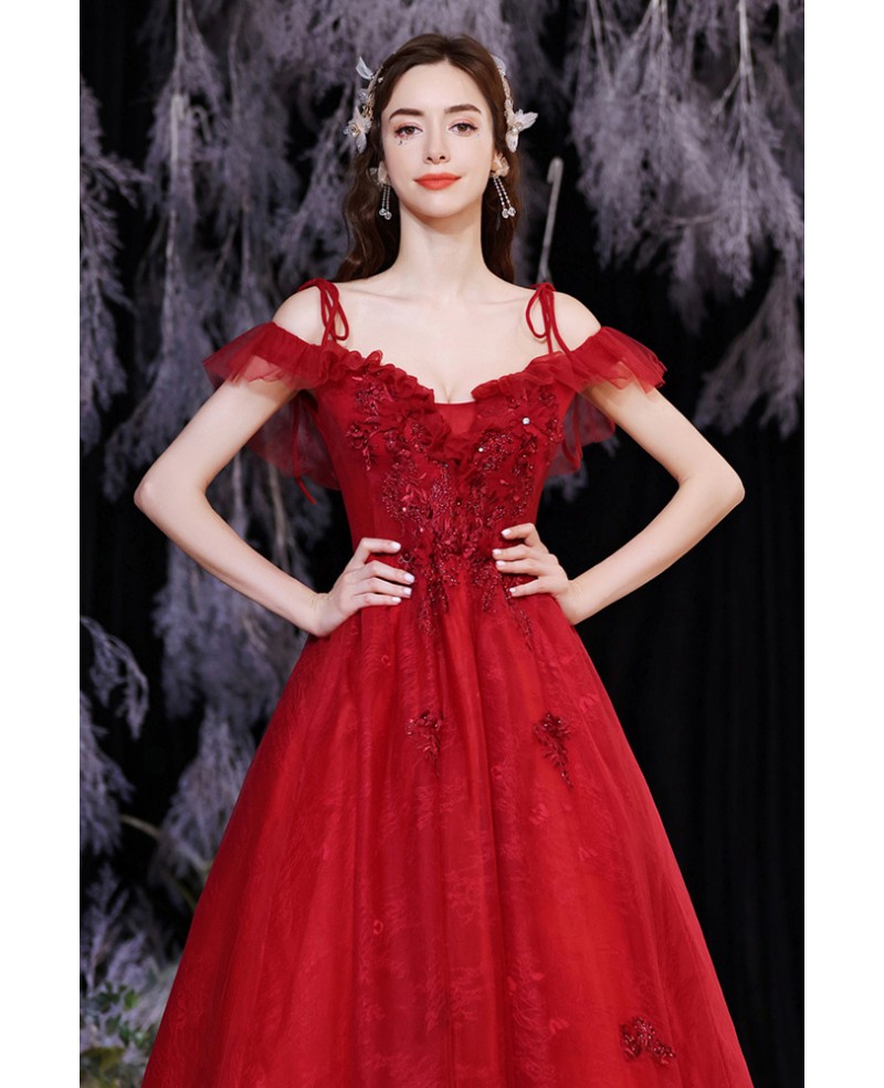 Red Lace Tulle Ballgown Prom Dress with Straps Wholesale #T74047 ...
