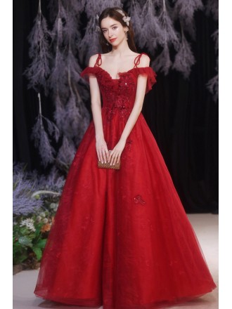 Red Lace Tulle Ballgown Prom Dress with Straps