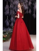 Red Lace Tulle Ballgown Prom Dress with Straps