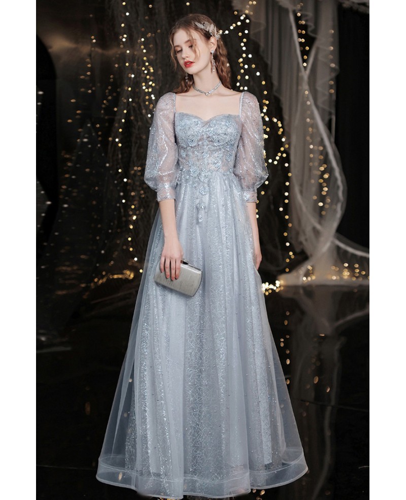 Silver Lace Cute Square Neck Prom Dress with Lantern Sleeves Wholesale ...