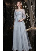 Silver Lace Cute Square Neck Prom Dress with Lantern Sleeves