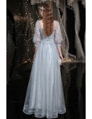 Silver Lace Cute Square Neck Prom Dress with Lantern Sleeves