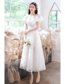 Elegant White Lace Square Retro Party Dress with Bubble Sleeves
