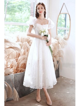 Elegant White Lace Square Retro Party Dress with Bubble Sleeves