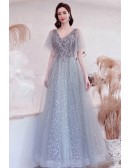 Grey Tulle Vneck Bling Star Prom Dress with Puffy Sleeves
