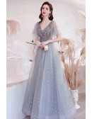 Grey Tulle Vneck Bling Star Prom Dress with Puffy Sleeves