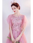Fairytale Pink Tulle Aline Long Prom Dress with Puffy Sleeves