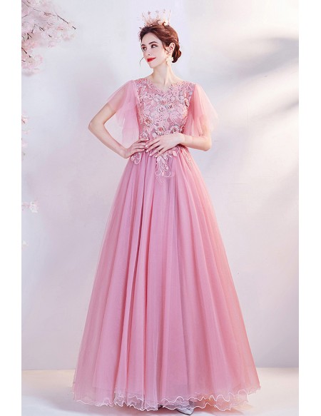 Fairytale Pink Tulle Aline Long Prom Dress with Puffy Sleeves Wholesale ...