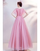 Fairytale Pink Tulle Aline Long Prom Dress with Puffy Sleeves
