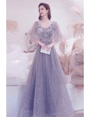 Elegant Grey Sequined Aline Long Prom Dress with Puffy Sleeves