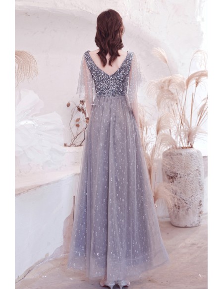 Elegant Grey Sequined Aline Long Prom Dress with Puffy Sleeves