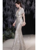 Stunning Silver Sequins Mermaid Evening Party Dress with Dolman Sleeves