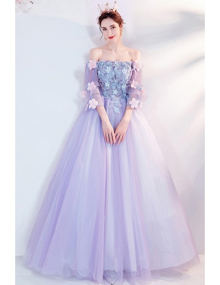 Fairytale Purple Ballgown Cute Prom Dress Off Shoulder with Flowers