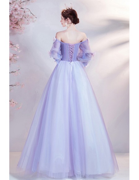 Fairytale Purple Ballgown Cute Prom Dress Off Shoulder with Flowers
