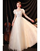 Gorgeous Champagne Square Neck Party Prom Dress with Bubble Sleeves