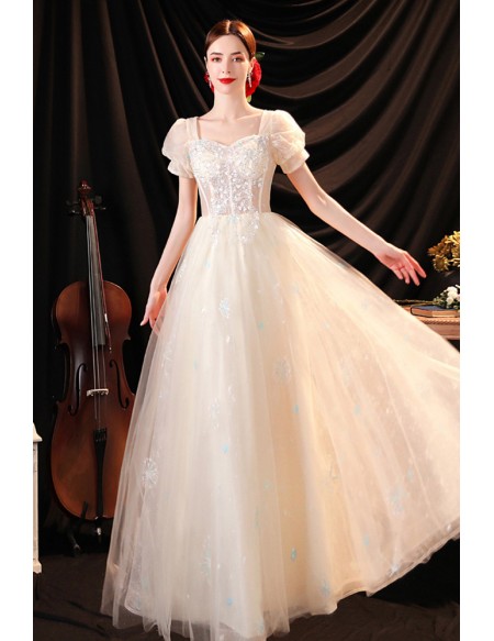 Gorgeous Champagne Square Neck Party Prom Dress with Bubble Sleeves