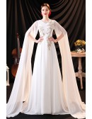 Stunning Flowy Long Cape Sleeved Evening Formal Dress with Embroidery