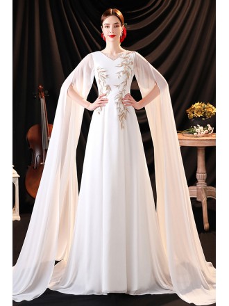 Stunning Flowy Long Cape Sleeved Evening Formal Dress with Embroidery